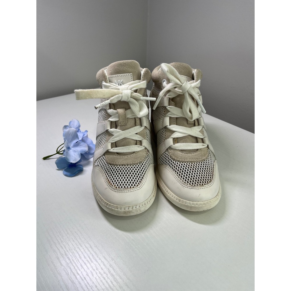 Michael Kors Women Cream Beige Leather Mesh Wedge Sneakers HL15K Size 6.5M 36.5M